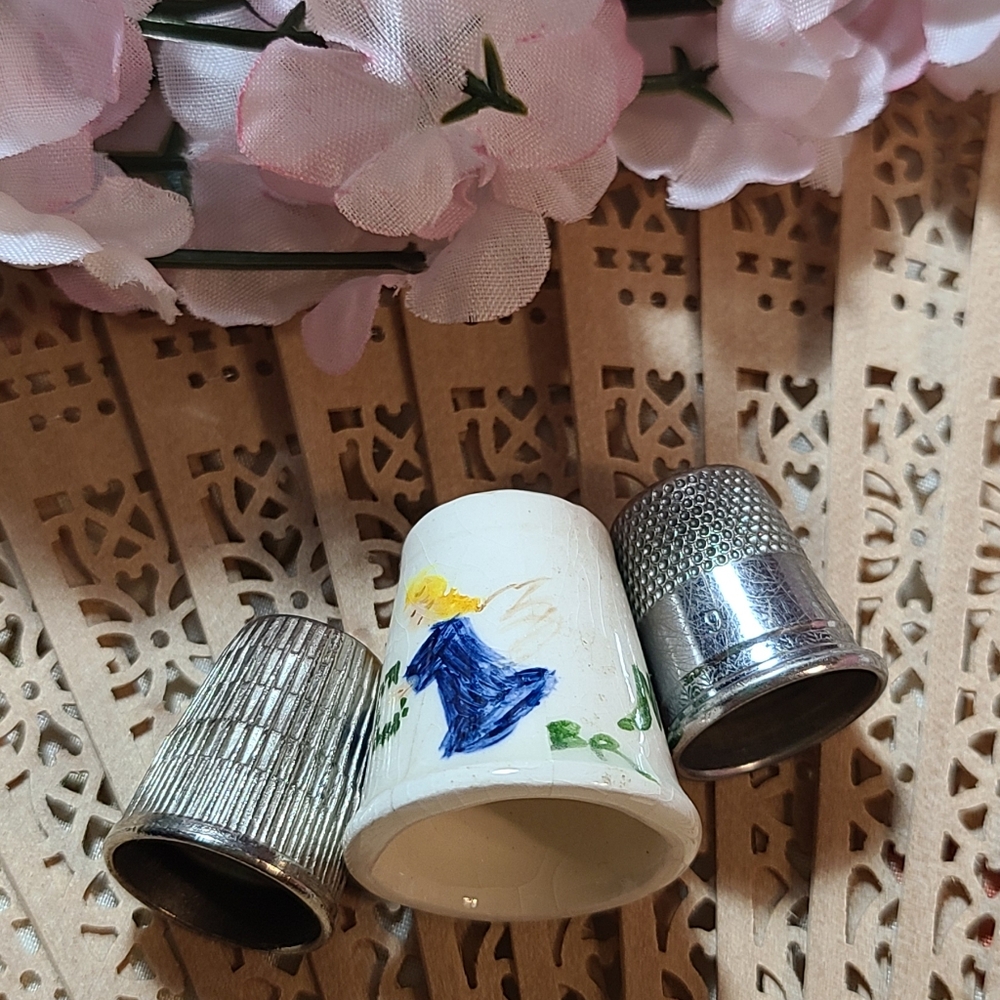 Unique Vintage Ceramic and Silver Thimble Trio